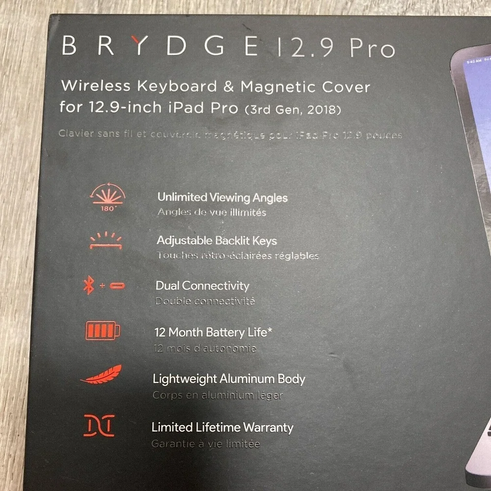 Brydge 12.9 iPad Pro 3rd & 4th Wireless Bluetooth Keyboard w/ Backlit Keys Gray‎